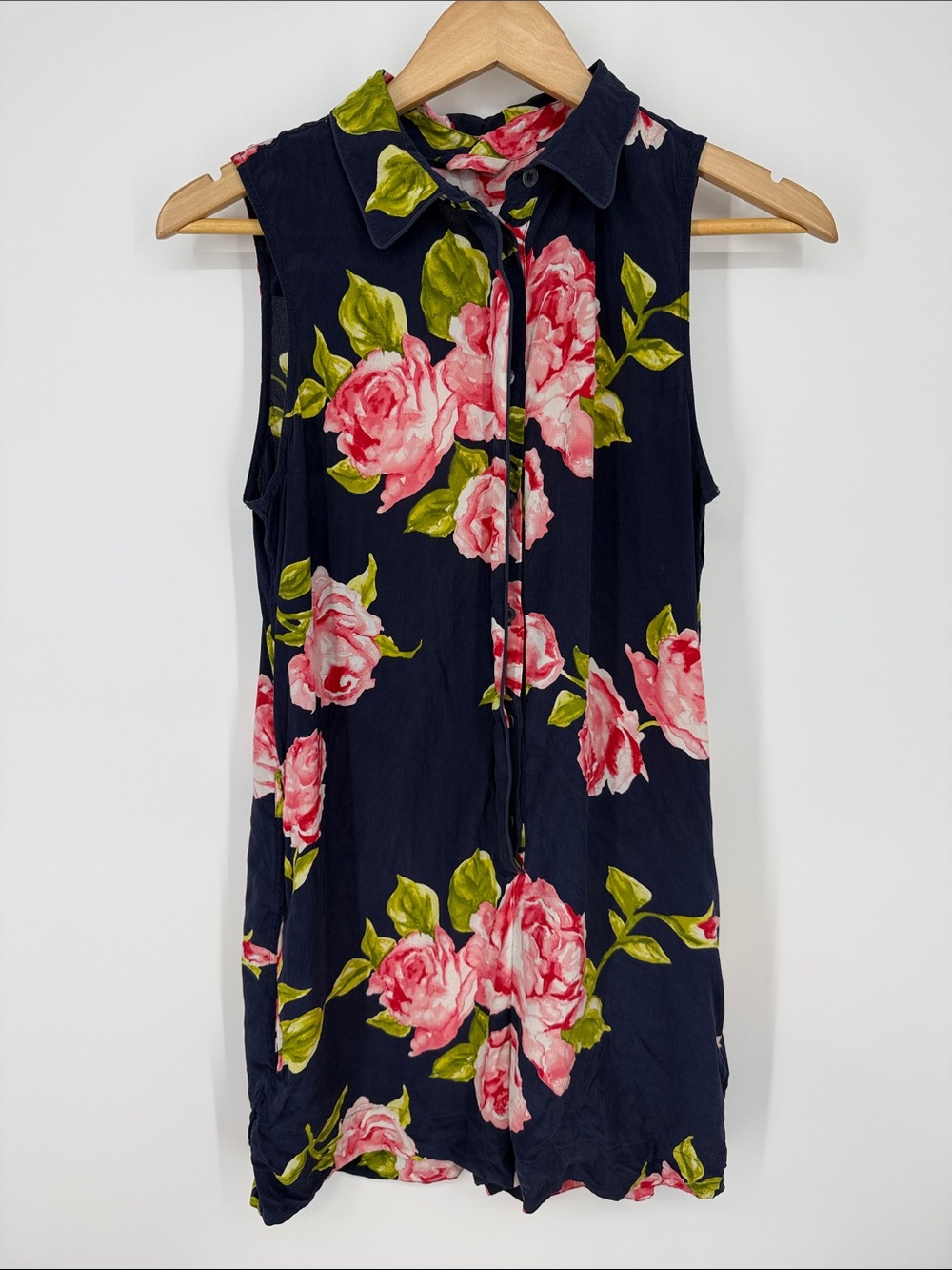 Equipment Sleeveless Navy with Pink Rose Print Romper
